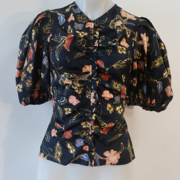 Womens Ulla Johnson 100% Silk Black, Multi Design Shirred Short Sleeve Top XS - Picture 3 of 10